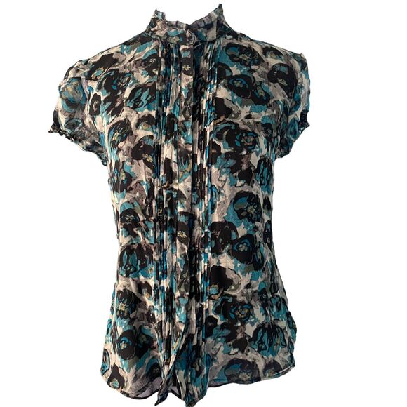 Macys Alfani brand 100% Silk Blouse Top Shirt Blue Black Lined Size 4 - Picture 2 of 10